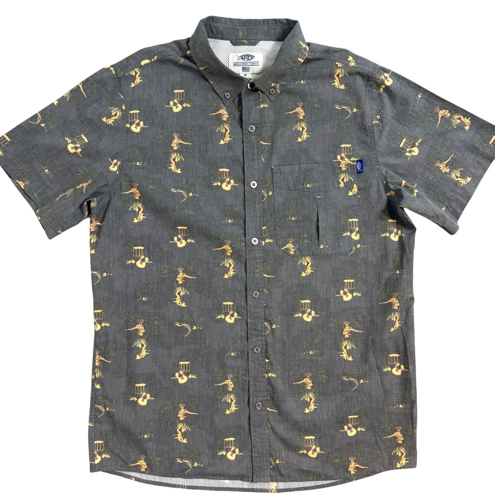 AFTCO Mens Button Down Shirt Short Sleeve Tropical Hula Dancer Print Gray Size M
